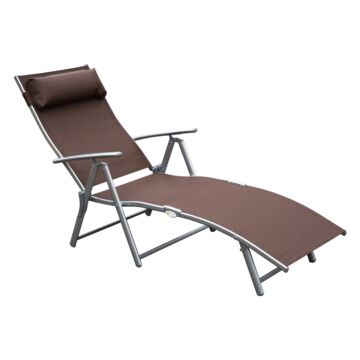 Outsunny Patio Sun Lounger Garden Texteline Foldable Reclining Chair W/ Pillow Outdoor Adjustable Recliner (brown)