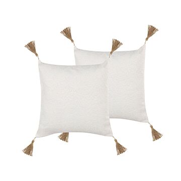 Set Of 2 Decorative Cushions White Lace Floral Motif 45 X 45 Cm With Tassels Décor Accessories Beliani