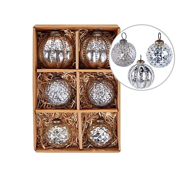 Set Of 6 Christmas Baubles Silver Glass Hanging Xmas Tree Balls Holiday Decor Beliani