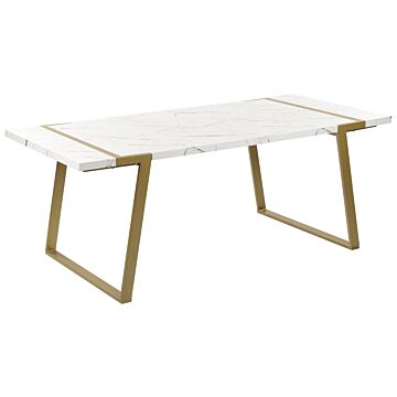 Dining Table Marble Effect Mdf 90 X 200 Cm Tabletop Metal Gold Legs 6seater Rectangular Glamour Beliani
