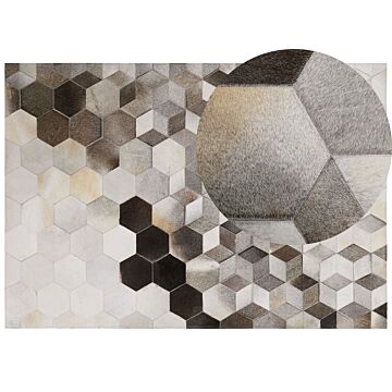 Cowhide Area Rug Grey Hair On Leather Geometric Patchwork Pattern 160 X 230 Cm Beliani