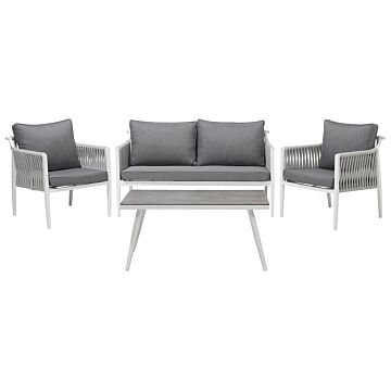 4 Piece Garden Sofa Set White Aluminium Grey Cushions 4 Seater Table Sofa 2 Chairs Beliani