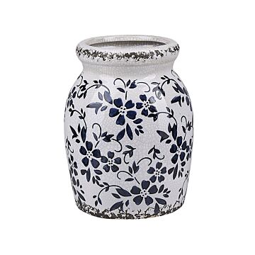 Flower Vase White With Navy Blue Stoneware Waterproof Crackle Effect Weathered Floral Pattern Beliani