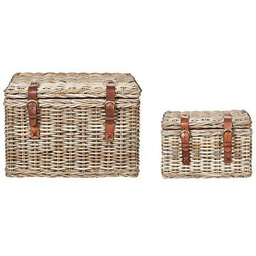 Set Of 2 Baskets Natural Rattan With Leather Belts And Lids Handmade Mahogany Frame Boho Style Living Room Bedroom Beliani