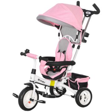Homcom 4 In 1 Kids Trike Push Bike W/ Push Handle, Canopy, 5-point Safety Belt, Storage, Footrest, Brake, For 1-5 Years, Pink