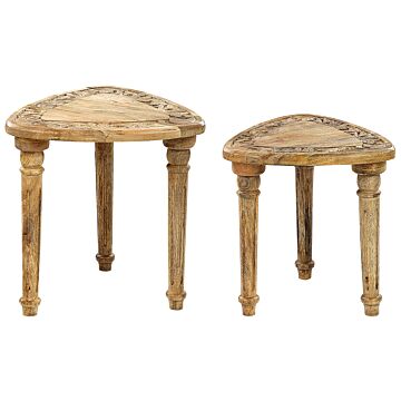 Nest Of 2 Side Tables Natural With Carved Top Triangular Frame Living Room Rustic Beliani