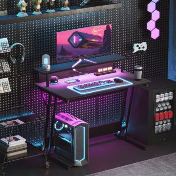 Homcom Gaming Desk With Led Lights And Power Outlets, 100 X 60cm Z Shaped Computer Desk With Monitor Stand And Steel Frame, Pc Gaming Table For Home Office, Black