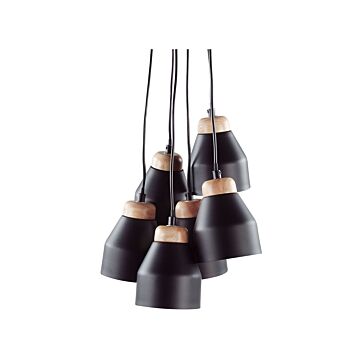 Cluster Pendant Lamp Black Metal And Light Wood 6 Lights Bell Shape Modern Beliani