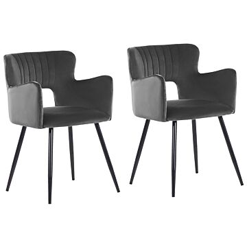 Set Of 2 Chairs Dining Chair Dark Grey Velvet With Armrests Cut-out Backrest Black Metal Legs Beliani