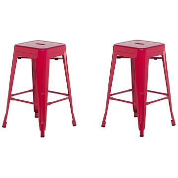 Set Of 2 Bar Stools Red Steel 60 Cm Stackable Counter Height Industrial Beliani