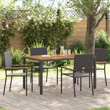 Vidaxl 5 Piece Garden Dining Set Black Poly Rattan, Vidaxl Stacking Garden Chairs With Cushions - 2 Piece Set In Black Poly Rattan