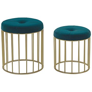 Set Of 2 Nesting Pouffes Teal Blue Seat Polyester Velvet Upholstery Golden Iron Base Modern Design Beliani