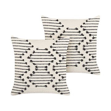 Set Of 2 Decorative Cushions Beige Cotton 45 X 45 Cm Boho Design Geometric Pattern Decor Accessories Beliani