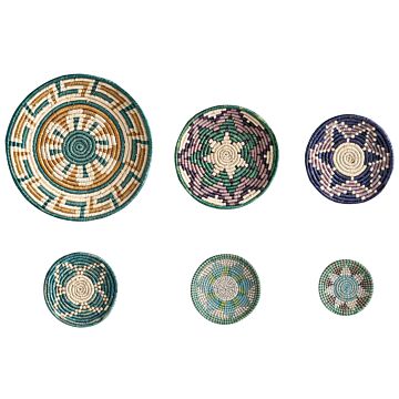 Set Of 6 Wall Decor Multicolour Seagrass Decorative Hanging Plates Baskets Handmade African Style Beliani