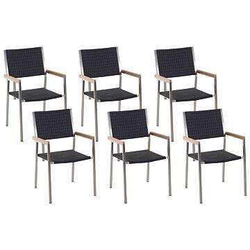 Set Of 6 Garden Dining Chairs Black And Silver Faux Rattan Seat Stainless Steel Legs Stackable Outdoor Resistances Beliani