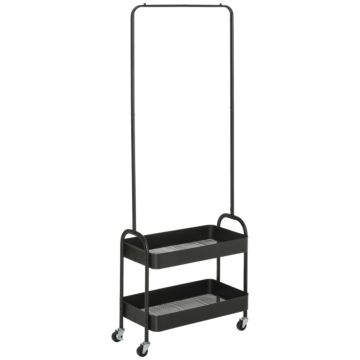 Homcom Metal Clothes Rack With Shoe Storage, Clothing Rail On Wheels, Freestanding Hall Tree, Coat Stand With 2 Storage Shelf, Black