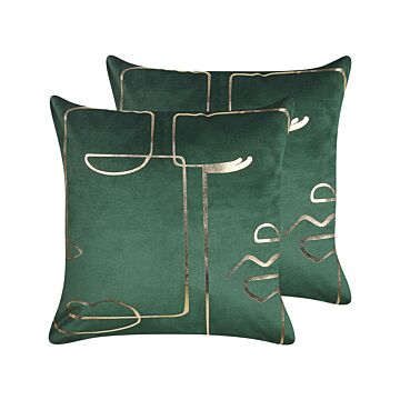 Set Of 2 Decorative Cushions Green Velvet 45 X 45 Cm Face Motif Print Glamour Decor Accessories Beliani