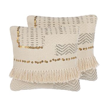 Set Of 2 Decorative Cushions Beige 45 X 45 Cm With Tassels Boho Retro Decor Accessories Beliani