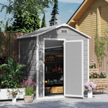 Outsunny 6 X 4ft Garden Shed, Plastic Shed With Floor, Window, Lockable Door And Vents, Wood Effect Resin Tool Shed For Outdoor, Grey