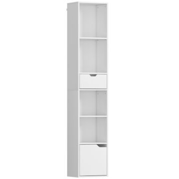Homcom 6-tier Bookcase, Tall Narrow Bookshelf With Drawer And Door - White