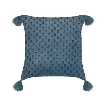 Decorative Cushion Dark Blue Velvet And Cotton 45 X 45 Cm Floral Motif Block Printed Boho Decor Accessories Beliani