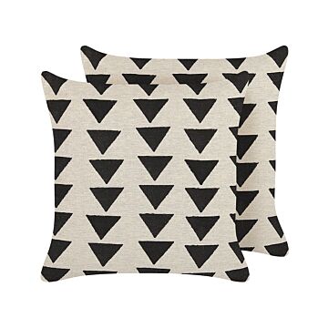 Set Of 2 Scatter Cushions Beige And Black Cotton 45 X 45 Cm Triangle Geometric Pattern Handmade Removable Cover With Filling Beliani