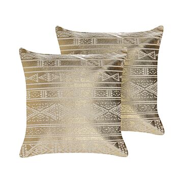Set Of 2 Decorative Cushions Gold Cotton 50 X 50 Cm Geometric Pattern Foil Print Glamour Decor Accessories Beliani