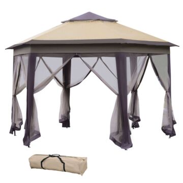 Outsunny Hexagon Patio Gazebo Pop Up Gazebo Outdoor Double Roof Instant Shelter With Netting, 4m X 4m, Beige