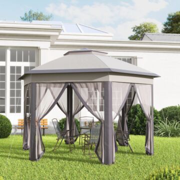 Outsunny Hexagon Patio Gazebo Pop Up Gazebo Outdoor Double Roof Instant Shelter With Netting, 4m X 4m, Beige