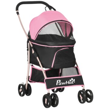 Pawhut Detachable Pet Stroller, 3-in-1 Dog Cat Travel Carriage, Foldable Carrying Bag With Universal Wheel Brake Canopy Basket Storage Bag, Pink