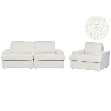 Sofa Set White Boucle Upholstered 4 Seater With Armchair Cushioned Thickly Padded Backrest Classic Living Room Couch Beliani