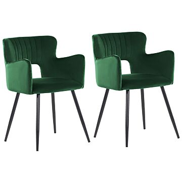 Set Of 2 Chairs Dining Chair Emerald Velvet With Armrests Cut-out Backrest Black Metal Legs Beliani