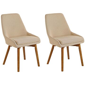 Set Of 2 Chairs Sand Beige Polyester Fabric Dark Solid Wood Legs Thickly Padded Seat Beliani