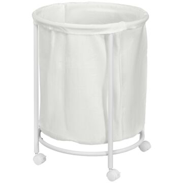 Homcom 100l Rolling Laundry Basket On Wheels, 50cm Round Laundry Hamper With Removable Bag And Steel Frame For Bedroom, Bathroom, Laundry Room, Cream White