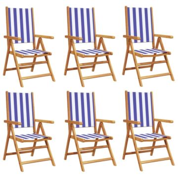 Vidaxl Reclining Garden Chairs 6 Pcs Blue And White Fabric And Solid Wood