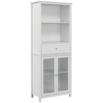 Homcom Kitchen Cupboard, Pantry Storage Cabinet With Tempered Glass Doors, Drawer, Open Shelf, Adjustable Shelves For Dining Room, Living Room, 181.5 Cm, White