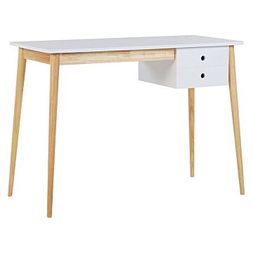 Home Office Desk White And Light Wood Legs 106 X 48 Cm With Drawer Retro Beliani