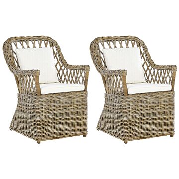 Set Of 2 Garden Armchairs Natural Rattan With Cotton Seat Back Cushions Off-white Indoor Outdoor Beliani