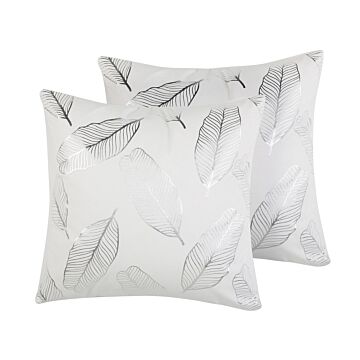 Set Of 2 Decorative Cushions White Cotton Leaf Pattern 45 X 45 Cm Silver Foil Print Decor Accessories Beliani