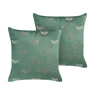 Set Of 2 Scatter Cushions Green Velvet 45 X 45 Cm Throw Pillow Butterfly Pattern Removable Cover With Filling Beliani