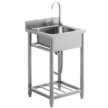 Homcom Outdoor Utility Sink, Free Standing Single Bowl Kitchen Sink With Cold And Hot Water Pipe And Storage Shelf For Laundry Garage, Silver Tone