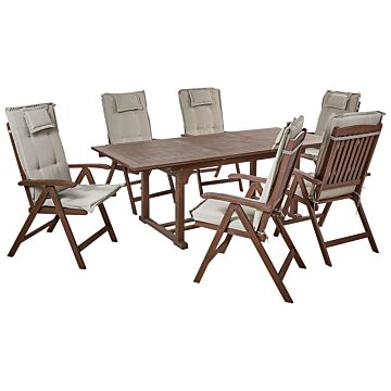 Garden Dining Set Dark Solid Acacia Wood Extending Table 6 Chairs With Taupe Cushions Adjustable Backrest Folding Rustic Style Beliani
