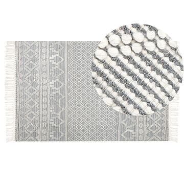 Area Rug Beige And Grey Wool 160 X 230 Cm Geometric Pattern With Tassels Hand Woven Living Room Bedroom Boho Modern Beliani