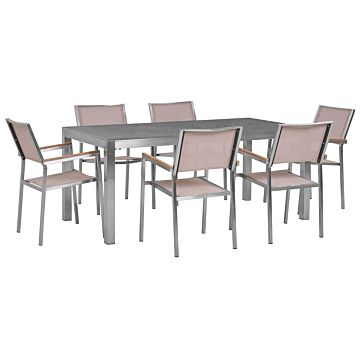 Garden Dining Set Beige With Grey Granite Table Top Rattan Chairs 6 Seats 180 X 90 Cm Beliani