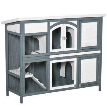 Pawhut Two-tier Wooden Rabbit Hutch Guinea Pig Cage W/ Openable Roof, Slide-out Tray, Ramp - Grey