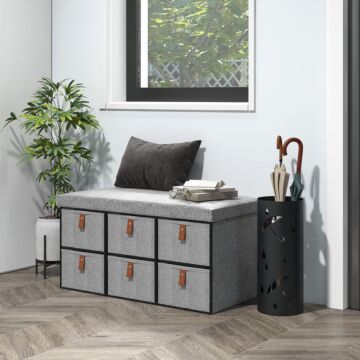 Homcom Shoe Bench With Seat, Shoe Storage Bench With Cushion And 6 Fabric Drawers, Light Grey