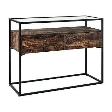 Console Table Dark Wood With Black Glass Top Metal Frame Storage Function Rectangular Modern Design Beliani