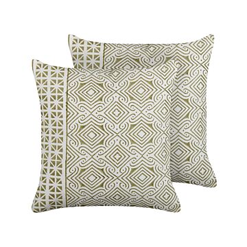 Set Of 2 Scatter Cushions Green And White 45 X 45 Cm Hand Block Print Removable Covers Zipper Oriental Pattern Beliani