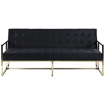 Sofa Bed Blue Velvet Tufted Upholstery 3 Seater Gold Metal Frame With Armrests Retro Style Beliani