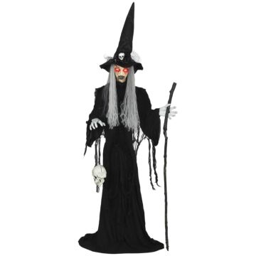 Outsunny 170 Cm Life Size Halloween Animated Standing Witch & Staff With Glowing Led Eyes, Spooky Witch Scary Halloween Decorations, Battery Operated, Indoor Party Props